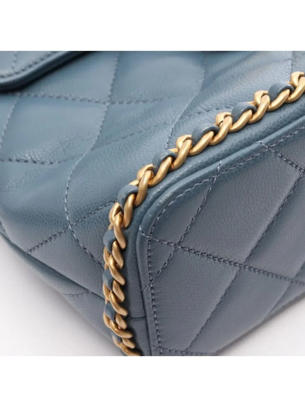 Chanel Backpack Quilted Camellia Chain Around Smoky Blue Caviar Leather